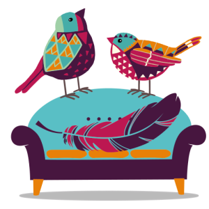 Zwei Vögel auf Sofa mit Feder